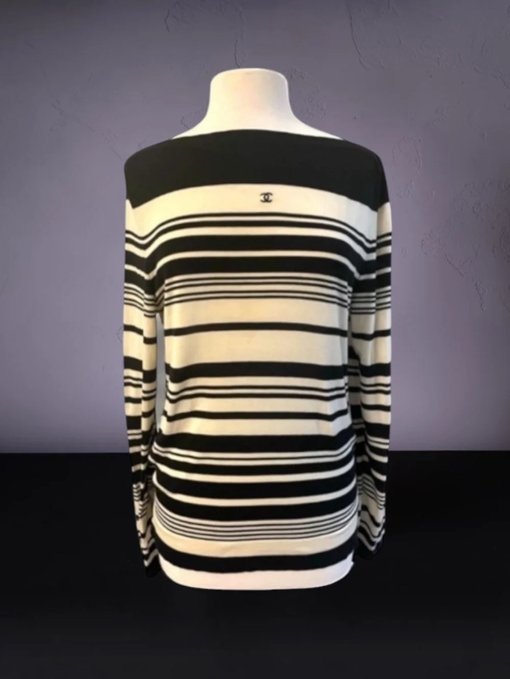 Chanel Classic VTG Black Ivory Stripe COTTON Sweater Size EU 44